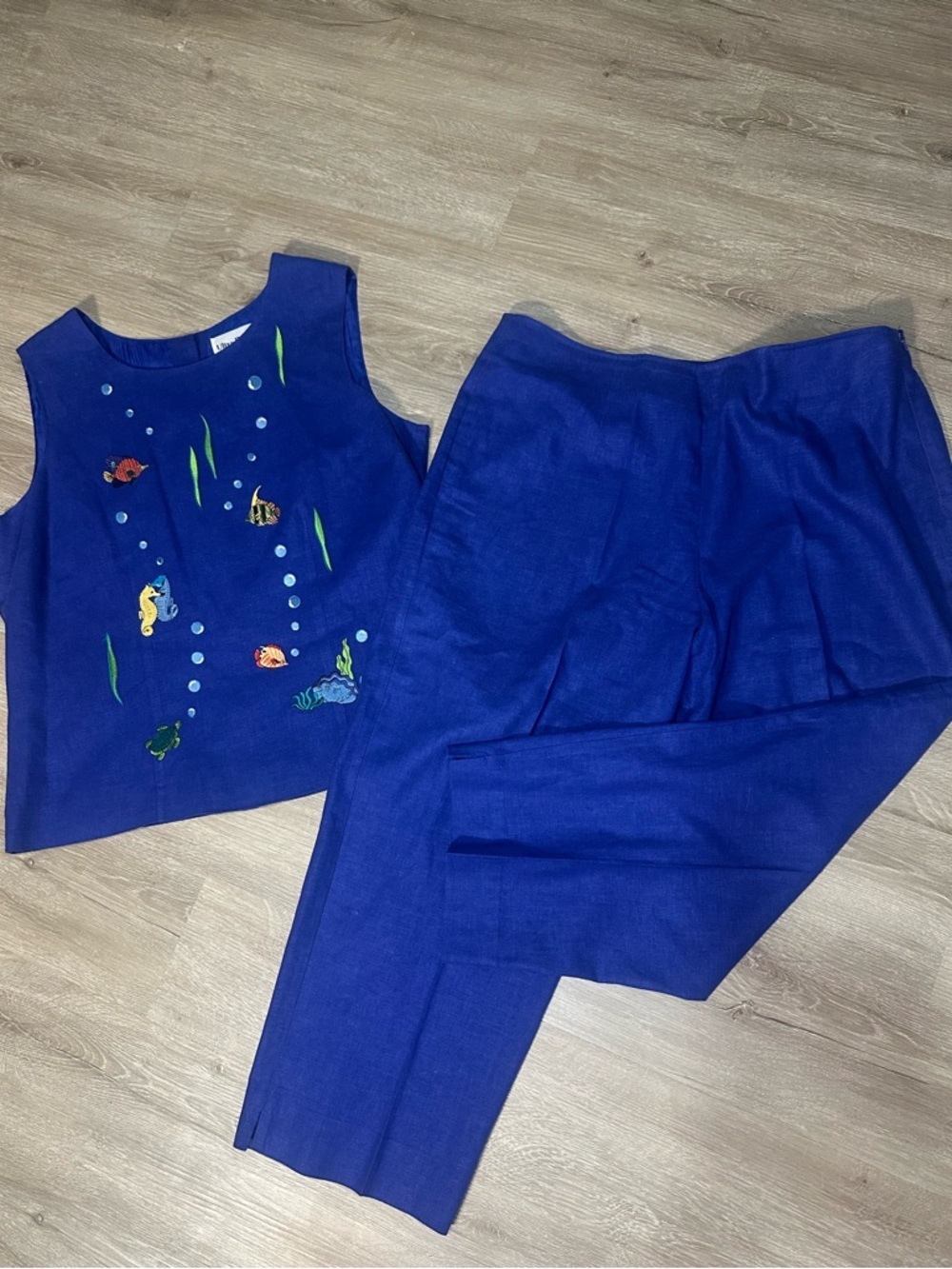 Vintage Ultra Dress New York Blue Under the Sea Linen Blend 2 Piece Set Size 16